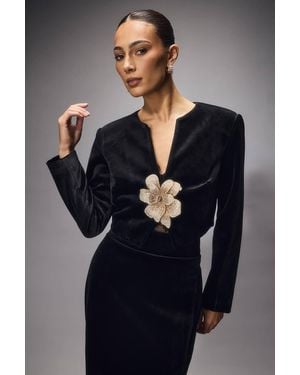 Coast Muse Velvet Cropped Jacket With 3D Floral Detail - Blue