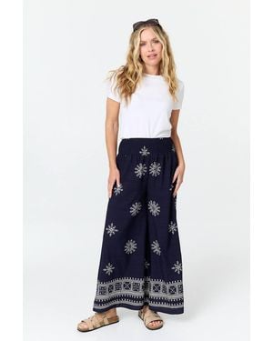Izabel London Border Print Shirred Waist Wide Trousers - Blue