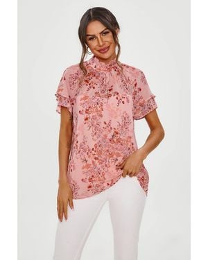 FS Collection Floral Print Frill Hem Sleeve High Neck Blouse Top - Red