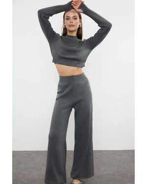 WOVCOR Ribbed Knit Top & Wide Leg Trousers Two Piece Set - Grey