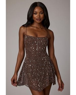 Oh Polly Sheer Embellished Scoop Neck Mini Dress - Brown