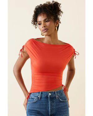 Oh Polly Asymmetric Ruched Cowl-Back Crop Top - Red