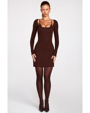 Oh Polly Ribbed Modal Long-Sleeve Laced Bra Mini Dress - Brown