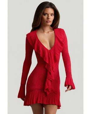 Oh Polly Ruffle-Trim Pointelle-Knit Mini Dress - Red
