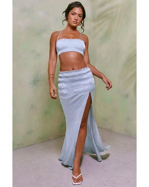 Oh Polly Shirred Thigh High Split Mid Rise Maxi Skirt - Grey