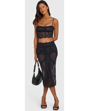 Oh Polly Placed Lace-Trim Mid-Rise Midi Skirt - Black