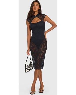 Oh Polly Lace Cut-Out Sheer Midi Dress - Black