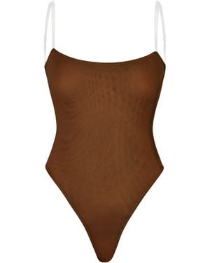 Oh Polly Soft Mesh Invisible Strap Thong Bodysuit - Brown