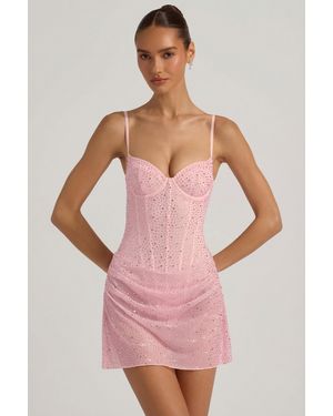 Oh Polly Semi-Sheer Embellished Draped Corset Mini Dress - Pink