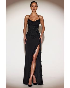 Oh Polly Embellished Cowl-Neck Ruffled Gown Dress - Blue