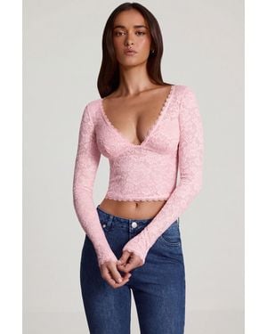 Oh Polly Sheer Lace Plunge-Neck Long-Sleeve Top - Pink