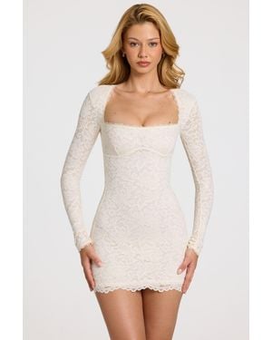 Oh Polly Scalloped-Lace Long-Sleeve Mini Dress - White