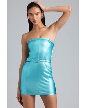 Oh Polly Metallic Denim Belted Strapless Mini Dress - Blue