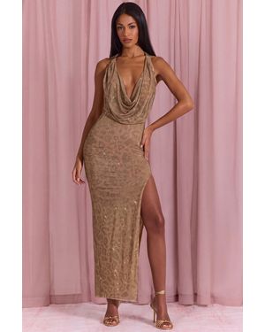Oh Polly Embellished Plunge Cowl Neck Maxi Dress - Metallic