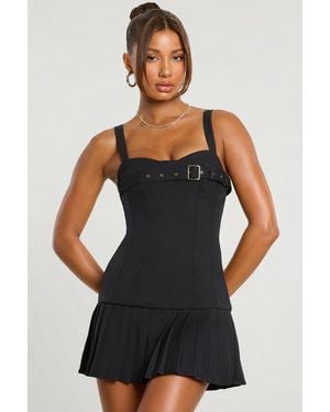 Oh Polly Brushed Twill Drop Waist Kilt Mini Dress - Black