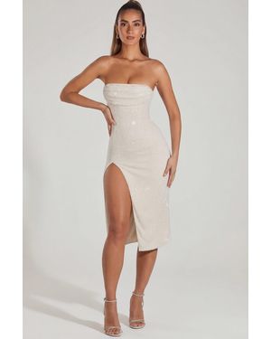 Oh Polly Embellished Bandeau Cowl Neck Midi Dress - White