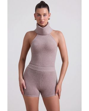 Oh Polly Ribbed-Knit Turtleneck Backless Top - Natural