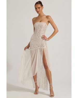 Oh Polly Semi-Sheer Embellished Asymmetric Maxi Dress - White