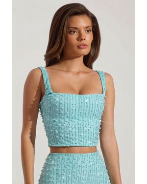 Oh Polly Embellished Square-Neck Crop Top - Blue