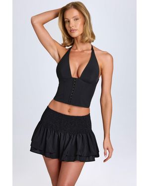Oh Polly Ruffled Shirred Low-Rise Micro Mini Skirt - Black