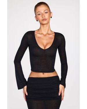 Oh Polly Sheer Jersey Plunge Long-Sleeve Top - Black