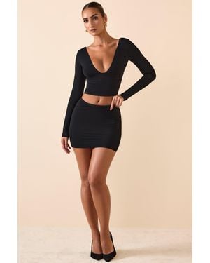 Oh Polly Modal Plunge Long-Sleeve Top - Black