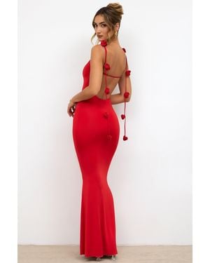 Oh Polly Slinky Jersey Rose Detail Evening Gown - Red
