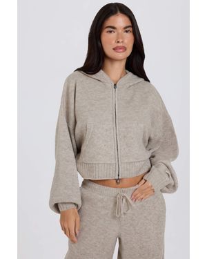 BO+TEE Soft Knit Zip-Up Cropped Hoodie - Brown