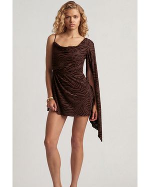 Oh Polly Devoré One-Sleeve A-Line Mini Dress - Brown