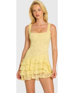 Oh Polly Sequin Lace Ruffle Mini Dress - Yellow