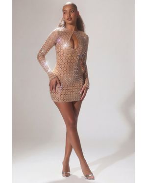 Oh Polly Embellished Semi-Sheer Cut-Out Mini Dress - Natural