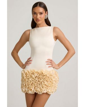 Oh Polly Satin Floral Appliqué Open-Back Mini Dress - White