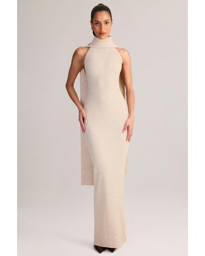 Oh Polly Rib-Knit Scarf-Detail Halterneck Maxi Dress - White