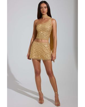 Oh Polly Embellished Low-Rise A-Line Micro Mini Skirt - Metallic