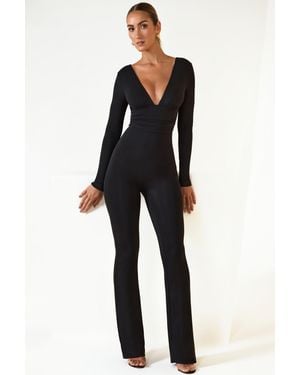 Oh Polly Modal Ruched Plunge Flared Jumpsuit - Black