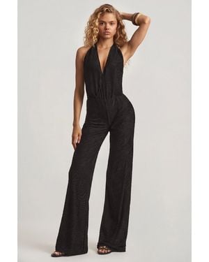 Oh Polly Devoré Halterneck Open-Back Jumpsuit - Black