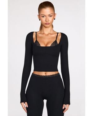 Oh Polly Ribbed Modal Long-Sleeve Laced Bra Top - Black
