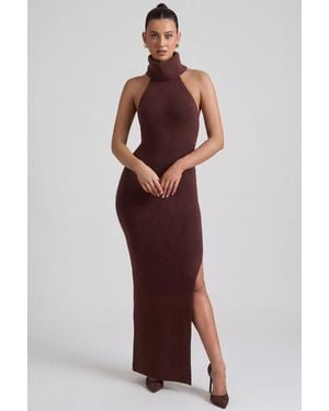 Oh Polly Ribbed-Knit Turtleneck Backless Maxi Dress - Brown