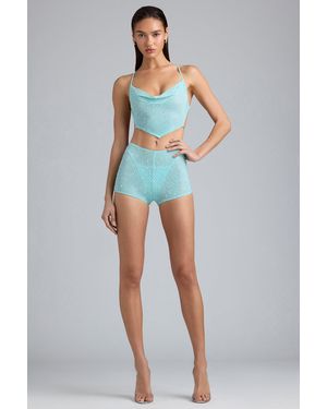 Oh Polly Embellished Mid-Rise Hot Pant Shorts - Blue