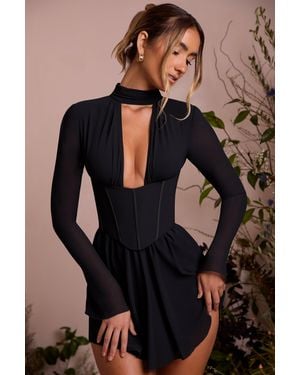 Oh Polly Long Sleeve Plunge Neck Mini Dress - Black