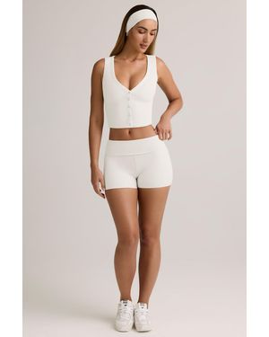 Oh Polly Modal Ribbed Mid-Rise Foldover Shorts - White