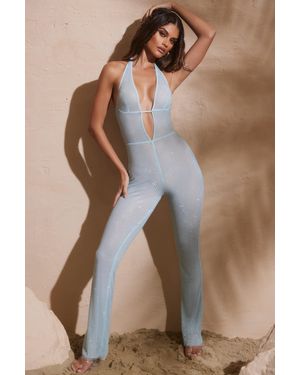 Oh Polly Embellished Plunge Neck Jumpsuit - Blue