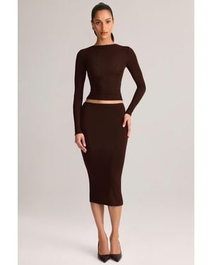 Oh Polly Modal Mid-Rise Pencil Midi Skirt - Brown