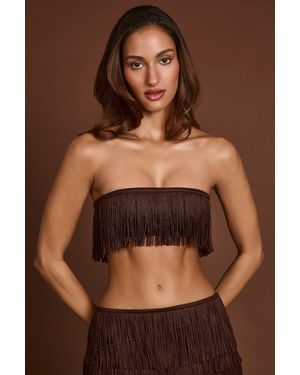 Oh Polly Fringed Bandeau Lace-Up Crop Top - Brown