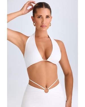 Oh Polly Plunge Hardware-Detail Halterneck Crop Top - White