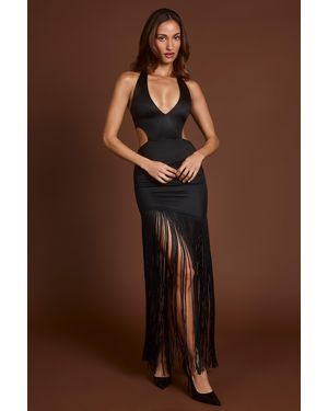 Oh Polly Fringed Plunge-Neck Maxi Dress - Black