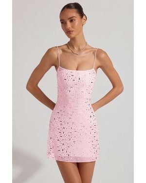 Oh Polly Sheer Embellished Square-Neck Mini Dress - Pink
