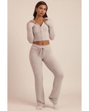 Oh Polly Fluffy Knit Wide-Leg Trousers - Grey
