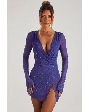 Oh Polly Embellished Wrap Over A-Line Mini Dress - Blue