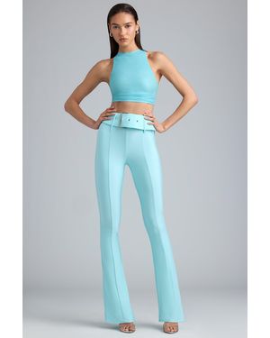 Oh Polly Metallic Belted Mid-Rise Flared Trousers - Blue
